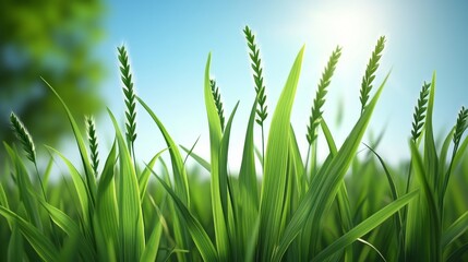 Fototapeta premium Close-up of vibrant green grass blades against a bright blue sky.