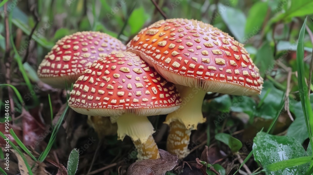 Poster Red and White Toadstools Cluster in Green Undergrowth