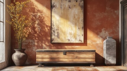 Rustic Interior Design with Wooden Chest and Abstract Art