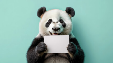 An adorable smiling panda isolated on a mint background holding a rectangular mockup piece of paper...