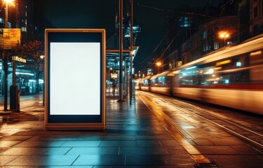 A blank, illuminated billboard stands on a wet city street at night, with blurred train and city lights in the background.