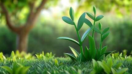 Obraz premium Green shoots emerge from lush grass in a vibrant forest setting. Sunlight filters through the leaves, creating a warm, inviting atmosphere.