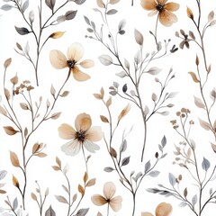 Seamless watercolor floral pattern with soft leaves on white background.