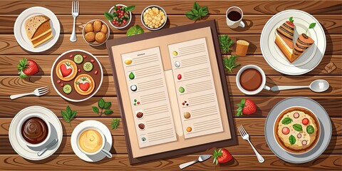 Stylized illustration of a modern restaurant menu template featuring dishes, drinks, and desserts on a wooden table, ready for customization and commercial use.