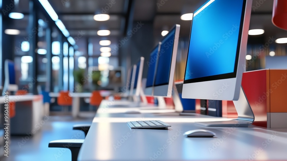 Aufkleber row of modern computers in a bright office setting with a blurred background.