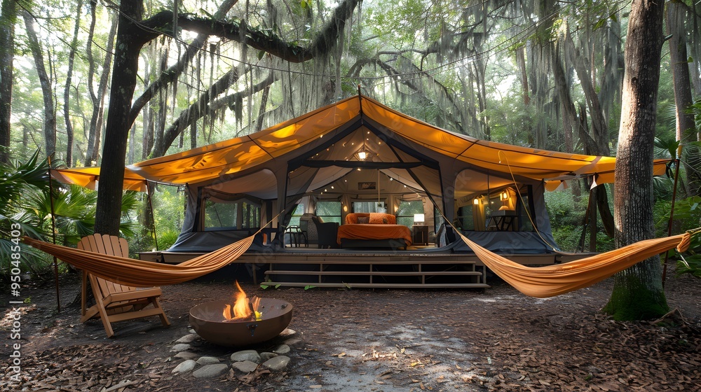 Poster a large tent with a yellow canopy sits in a forest - generative ai