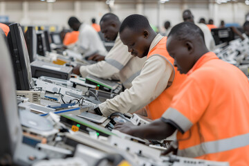 Fototapeta premium worker sorts and disassembles used electronics at an e-waste recycling plant.