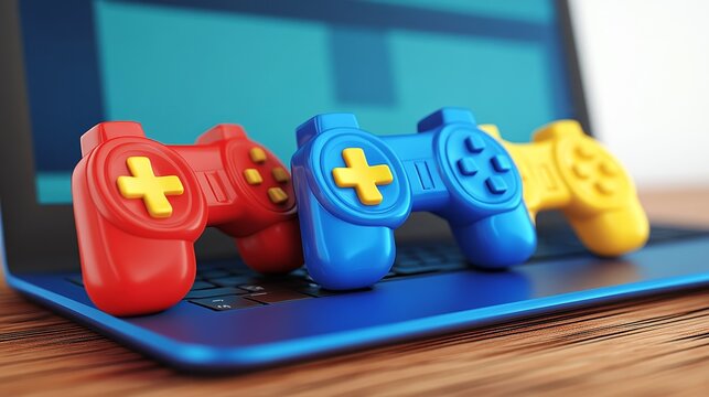 Three colorful game controllers on a laptop keyboard, representing gaming and technology.