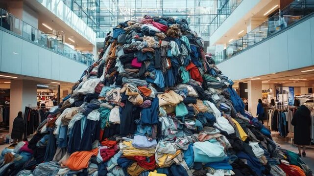 A colorful mound of clothing, in various sizes and styles, dominates a spacious retail area. Shoppers browse around this striking visual representation of textile waste and fast fashion.