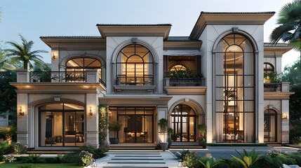 Obraz premium A large, elegant house with a lot of windows and a balcony - generative AI