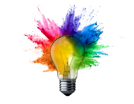Isolated on PNG, a 3D lightbulb bursts into a liquid, spherical splash with rainbow pride color powder.