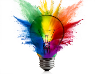 Isolated on PNG, a 3D lightbulb bursts into a liquid, spherical splash with rainbow pride color powder.