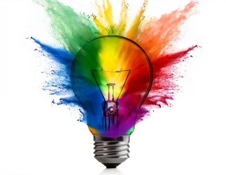 Isolated on PNG, a 3D lightbulb bursts into a liquid, spherical splash with rainbow pride color powder.