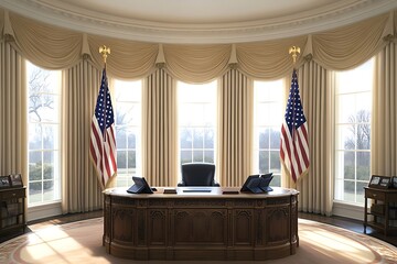 oval-shaped office with elegant classical design, large windows with curtains, presidential desk