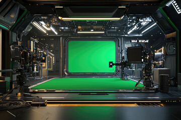 Fototapeta premium Explore the Heart of Cinematic Creativity: A Sleek, High-Tech Film Production Studio with Vibrant Green Screen and Equipment