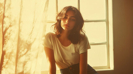 Fototapeta premium Thoughtful young woman in soft sunlight by the window