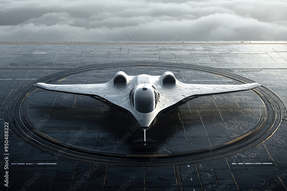 Poster unveiling the future: a striking 3d rendering of an innovative aircraft ready for launch amidst a dr