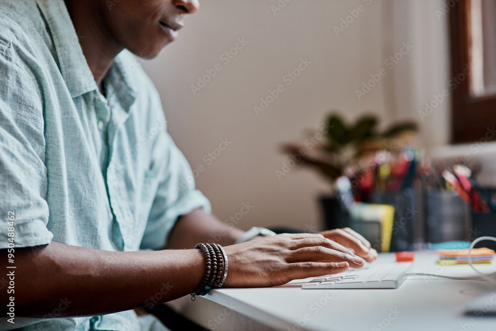 Poster hands, business man and typing on keyboard for research, information or review feedback at startup. 