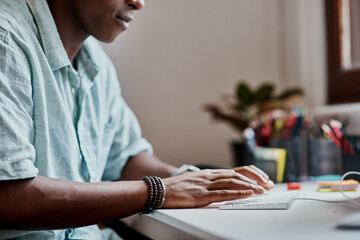 Hands, business man and typing on keyboard for research, information or review feedback at startup....