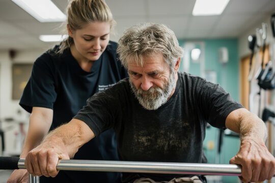 An elderly man with a beard is seen using parallel bars for physical therapy, assisted by a young woman, in a well-lit gym, highlighting determination and support.