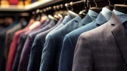 A collection of tailored suits hangs elegantly in a well-organized men's clothing store, highlighted by soft lighting. The carefully selected fabrics and colors create a sophisticated ambiance.