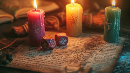 Magical candles and dice on ancient map, mystical fantasy scene