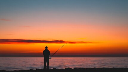 Fototapeta premium A lone fisherman stands on the seashore, his rod cast against the backdrop of a vibrant sunset. He patiently awaits a bite, his silhouette a solitary figure against the fading light. 