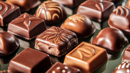 Fototapeta premium artisan chocolates with unique designs and fillings arranged carefully on a reflective glass surface