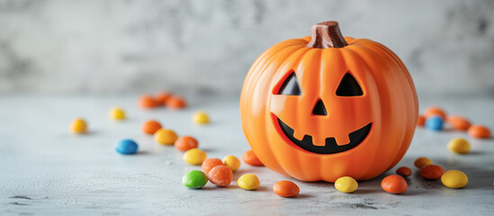 Plastic pumpkin halloween on a gray background, next to the pumpkin colorful candies. An empty space for the text.