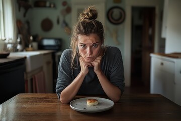 A young woman sits alone at a kitchen table with a worried expression, facing an almost-empty plate, which signifies recent eating and deep contemplation in a personal space.