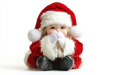 Young child celebrates Christmas in festive red Santa costume with fluffy white accents, joyfully covering mouth in excitement during holiday season