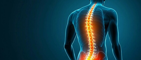A 3D person with glowing orange  spine, back Pain X-ray. dark blue background.
