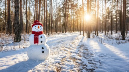 Fototapeta premium A cheerful snowman stands in a snowy forest at sunrise, surrounded by tall trees and fresh snow