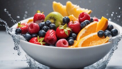 Bowl filled with fruit and splashing water