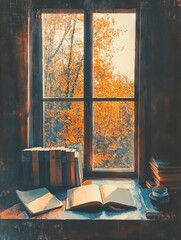 Academic Desk with Books and Notebook in a Quaint English Major Setting. AI generated illustration.