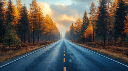 Obraz premium Serene Highway with Sunlit Trees. AI generated illustration