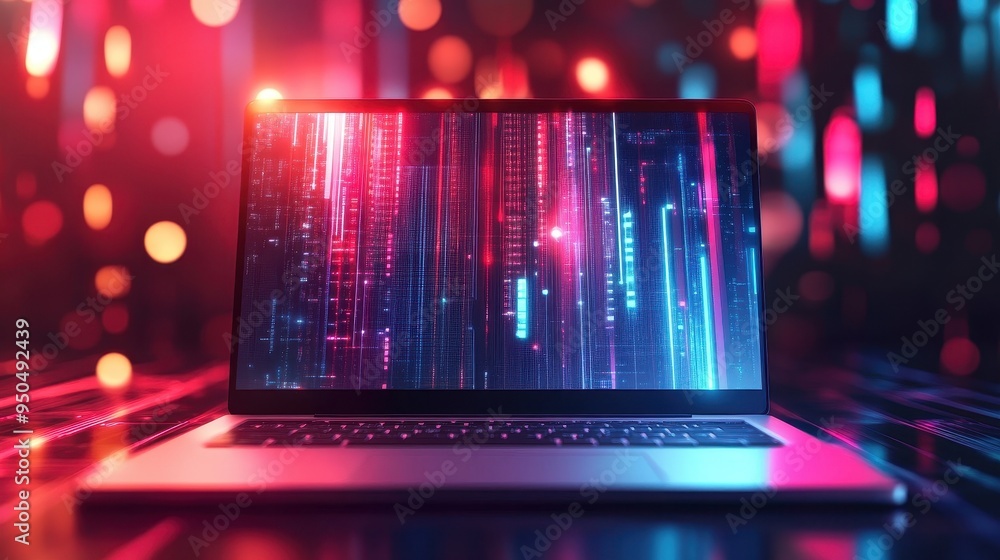 Poster futuristic laptop display with glowing digital lights and bokeh effect