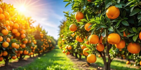 Juicy oranges growing on trees on a sunny day at the orange farm, fruit, citrus, harvest, agriculture, farming, trees, orchard