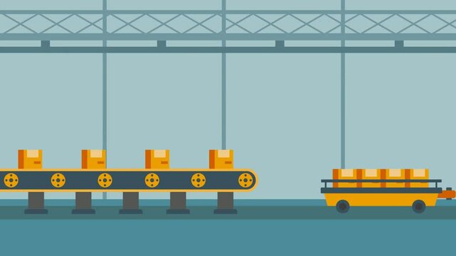 Looping Animation Robotic Arm Grabbing Boxes from Conveyor Belt. High Tech Warehouse Solution, Good for Logistics and Warehousing Visual Content
