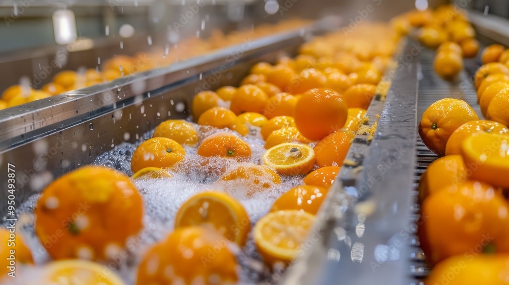 Wall mural a conveyor belt is filled with oranges and water