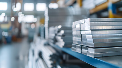 various types of metal flat bars stacked on the storage shelf of building materials supply store