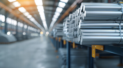 Obraz premium various types of metal flat bars stacked on the storage shelf of building materials supply store