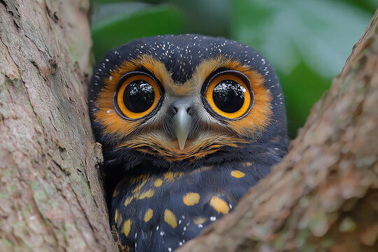 Adorable Bright Eyed Young Owl: Curious owl peeks out from between tree branches, its large, bright yellow eyes capturing the viewer’s attention in a vibrant, forested setting.
