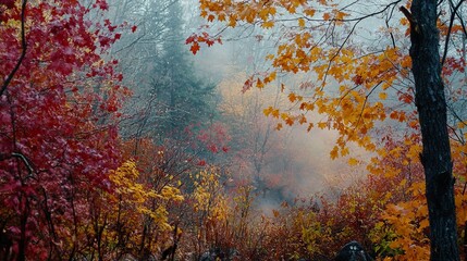 Vibrant Autumn Leaves in Morning Mist. AI generated illustration