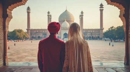 Couple Visiting the Iconic Jama Masjid Mosque in Delhi, India