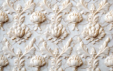 Intricate floral pattern carved into a white marble surface.