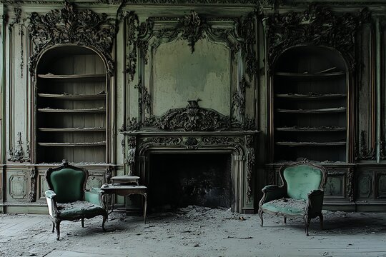 Interior room in disarray with classical furniture, evoking post-catastrophe or abandonment soft natural light