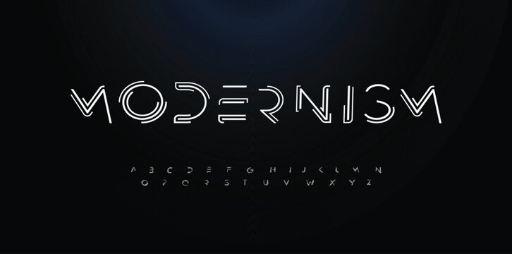 Font_94Modern techno font, futuristic line type of english alphabet letters and numbers. Minimal tech typeface vector typography. Future technology digital abc characters font, modern double line symb
