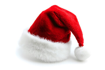 Realistic Red Christmas Santa Claus hat with a white pompom, isolated on white background