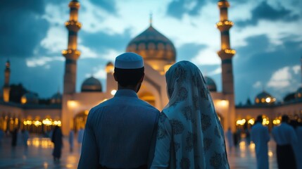 Couple Admiring Majestic Mosque at Twilight